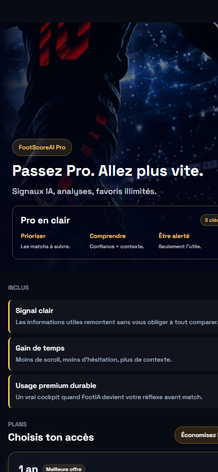 Écran FootScoreAI Pro avec offre premium